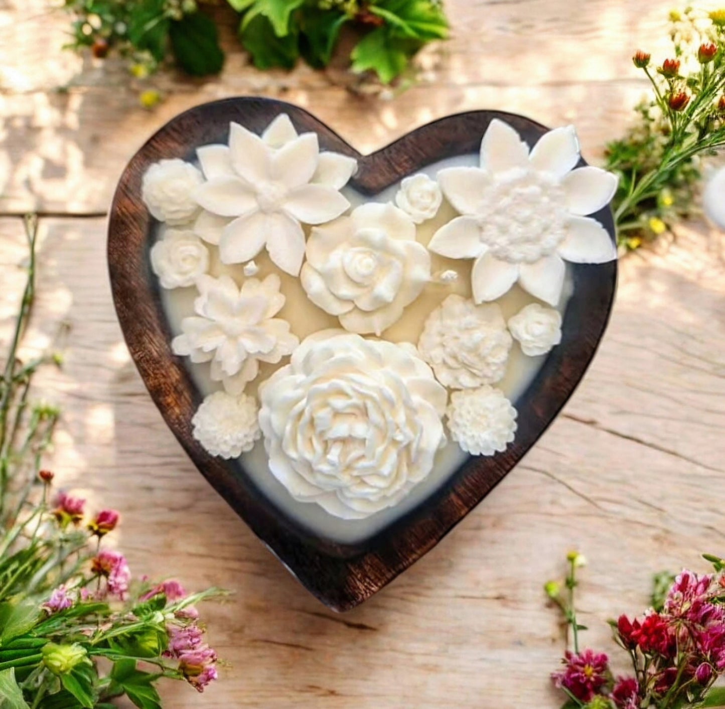 Heart Shaped Wooden Bowl Candle with Wax Flowers